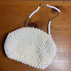 Vintage John Wind Purse/Clutch White Beaded Mid Century Style Made In Hong Kong